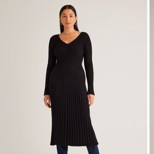 Cotton Cashmere Ribbed Long Sleeve V-Neck Midi Dress